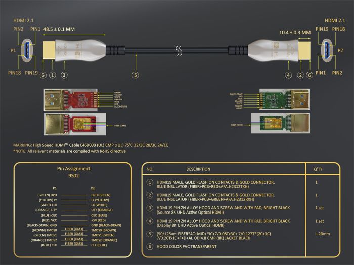 65ft Ultra High Speed 8K HDMI Fiber Optic Cable (AOC), HDMI 2.1, Plenum Rated, 8K Support, UL, Black 
