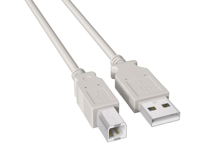 3ft USB 2.0 Type A Male to B Male cable, ash white color, double-shielded for 480Mbps data transfer, ideal for connecting printers, scanners, and external hard drives to computers.