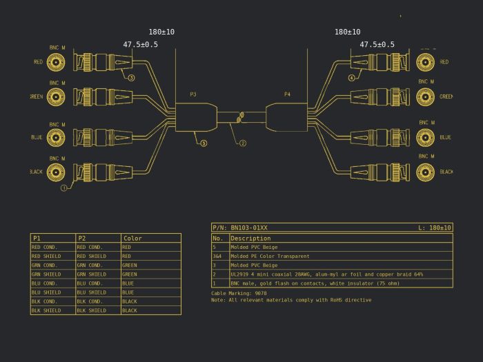10ft 4 BNC Male to 4 BNC Male Component Video Cable