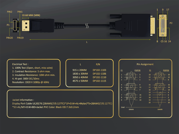 10ft Gold Plated Premium DisplayPort to DVI Cable 28AWG drawing