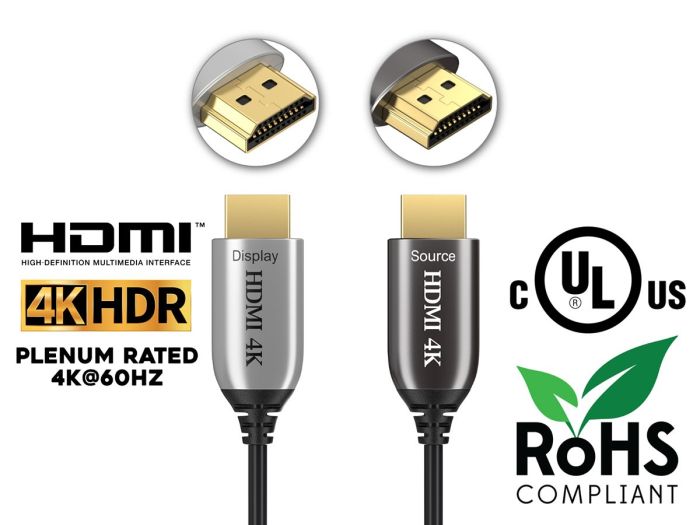 100ft High Speed Hybrid Active HDMI Fiber Optic Cable (AOC), HDMI 2.0, Plenum Rated, 4K Support, UL, Black 