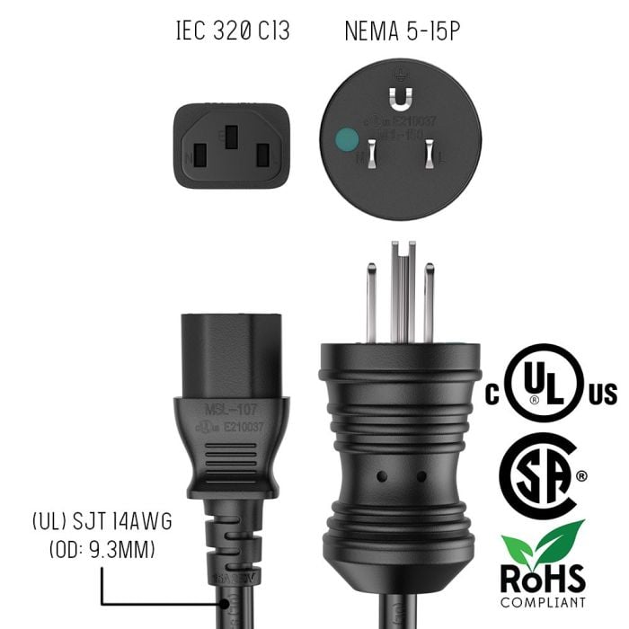 10ft NEMA 5-15P to C13 Hospital Grade Power Cord 14AWG 15A/125V SJT, Black