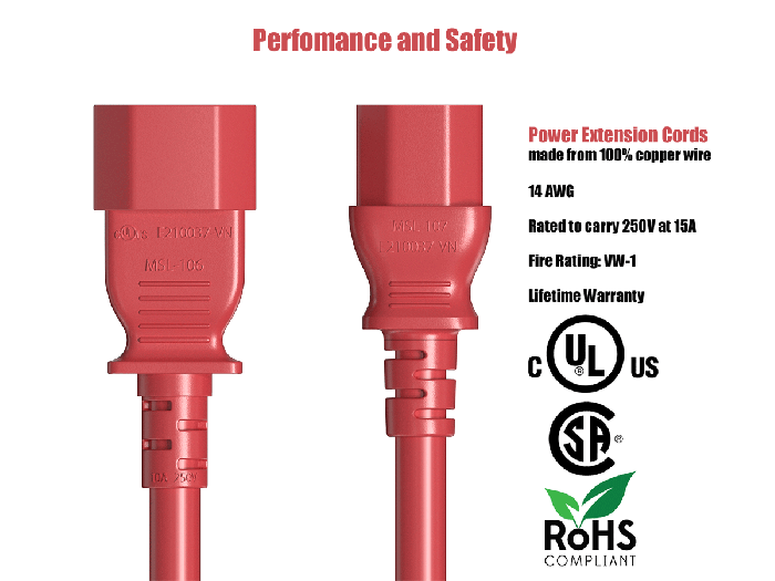 IEC-320 C13 to C14 Heavy-Duty Power Extension Cord 14 AWG 15A/250V SJT, Red