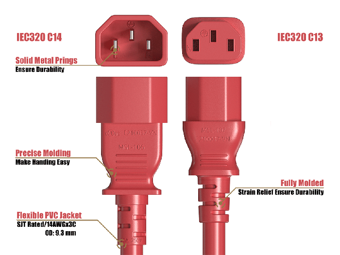 IEC-320 C13 to C14 Heavy-Duty Power Extension Cord 14 AWG 15A/250V SJT, Red