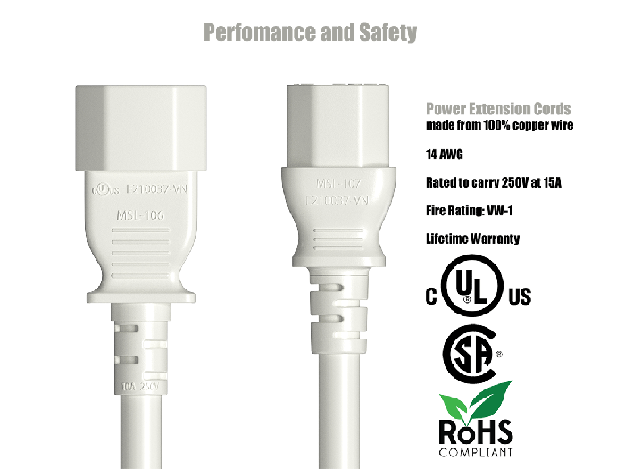 IEC-320 C13 to C14 Heavy-Duty Power Extension Cord 14 AWG 15A/250V SJT, White