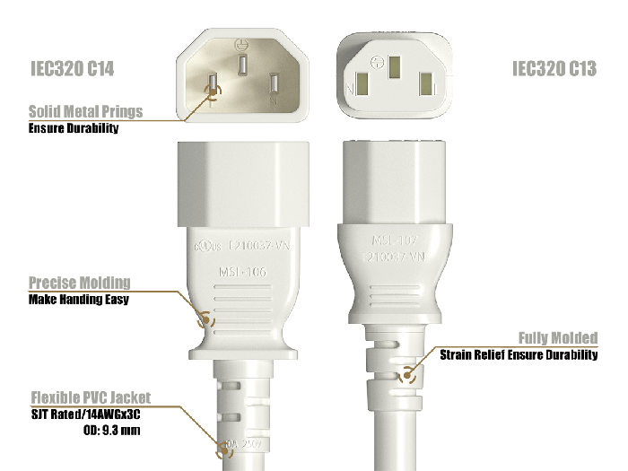IEC-320 C13 to C14 Heavy-Duty Power Extension Cord 14 AWG 15A/250V SJT, White