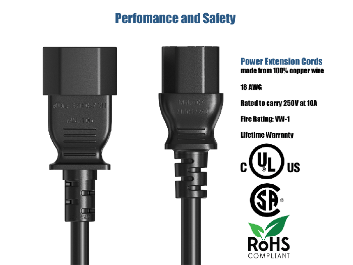 IEC-320 C13 to C14 Heavy-Duty Power Extension Cord 18 AWG 10A/250V SJT, Black