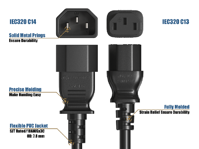 IEC-320 C13 to C14 Heavy-Duty Power Extension Cord 18 AWG 10A/250V SJT, Black