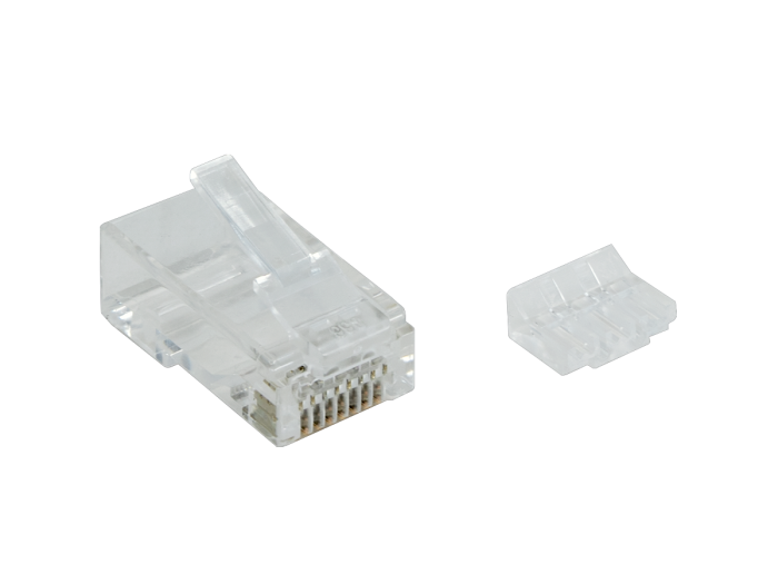 Mini Cat6a & Cat6 RJ45 Modular Plug for Round Stranded Cable, 3 Prongs, W/ Inserts, Clear, Pack of 100