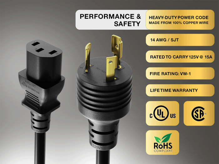 3FT NEMA L5-15P to C13 Locking Power Cord 14AWG 15A/125V SJT, Black