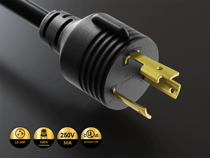 10ft NEMA L6-30P to NEMA L6-30R Power Cord, 10AWG, 30A, 250V