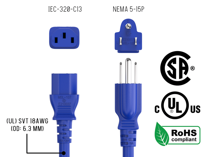 3FT 18AWG NEMA 5-15P to IEC-60320-C13 Power Cord | SVT 60°C | 10A/125V | Blue | UL & cUL Listed, CSA Approved