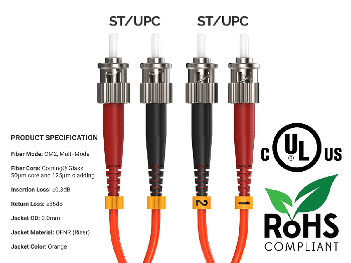 2m OM2 ST to ST UPC Duplex Corning Fiber Optic Cable MultiMode 50/125 OFNR Rated, Orange