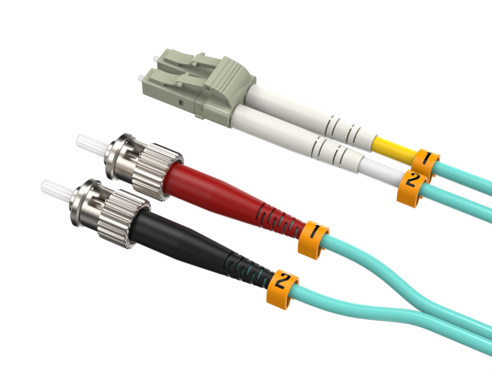 3m OM3 LC to ST Duplex Corning Fiber Optic Cable Multimode 50/125 LSZH/OFNR Rated, Aqua