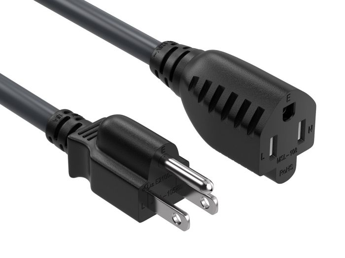 2ft Outlet Saver Power Extension Cord NEMA 5-15P to NEMA 5-15R, 14AWG