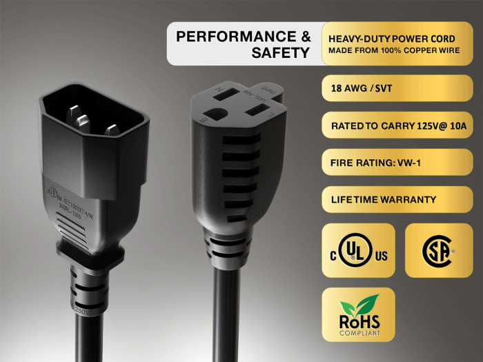 3ft NEMA 5-15R to C14 Monitor Power Adapter Cord, 18 AWG, SVT, 10A/125V, Black