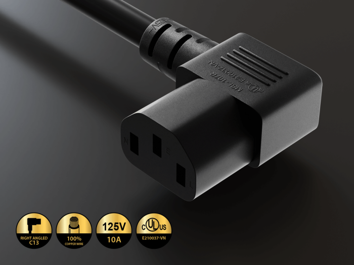 3ft NEMA 5-15P to C13 Right Angle Universal Power Cord, 18 AWG, SVT, 10A/125V, Black