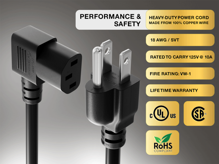 3ft NEMA 5-15P to C13 Right Angle Universal Power Cord, 18 AWG, SVT, 10A/125V, Black