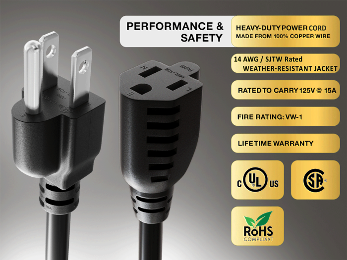 100ft NEMA 5-15P to 5-15R Power Extension Cord for Indoor and Outdoor, 14AWG, SJTW, 15A/125V, Black