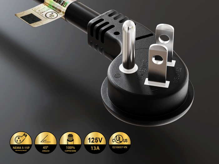 1ft NEMA 5-15P to 5-15R Ultra Low Profile Angled Power Extension Cord 16AWG 13A/125V SJT, Black