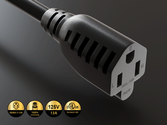 1ft NEMA 5-15P to 5-15R Ultra Low Profile Angled Power Extension Cord 16AWG 13A/125V SJT, Black