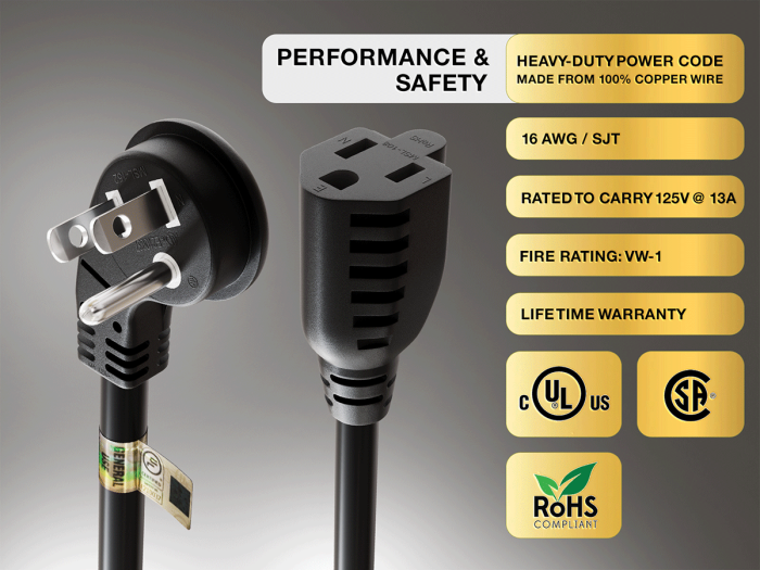 1ft NEMA 5-15P to 5-15R Ultra Low Profile Angled Power Extension Cord 16AWG 13A/125V SJT, Black