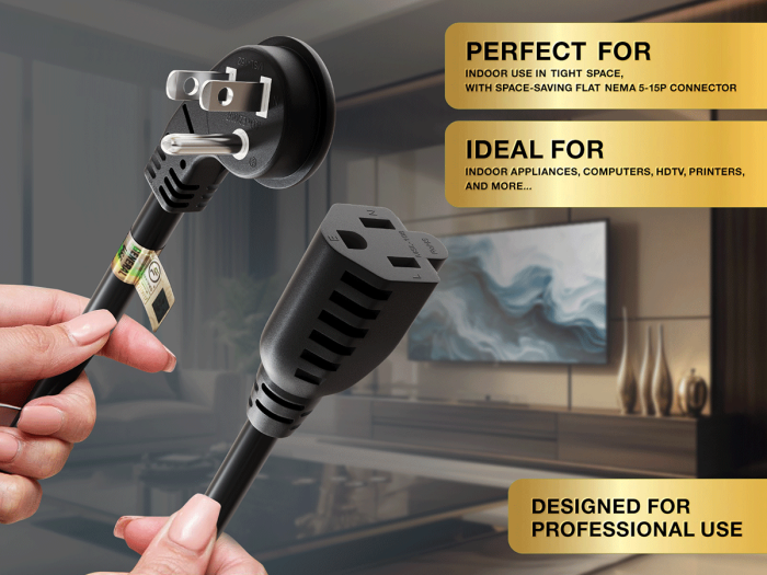 1ft NEMA 5-15P to 5-15R Ultra Low Profile Angled Power Extension Cord 16AWG 13A/125V SJT, Black