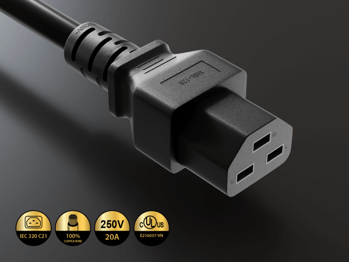 3ft IEC320 C20 to C21 Heavy Duty Power Extension Cord, 12 AWG, 20A/250V, SJT, Black 