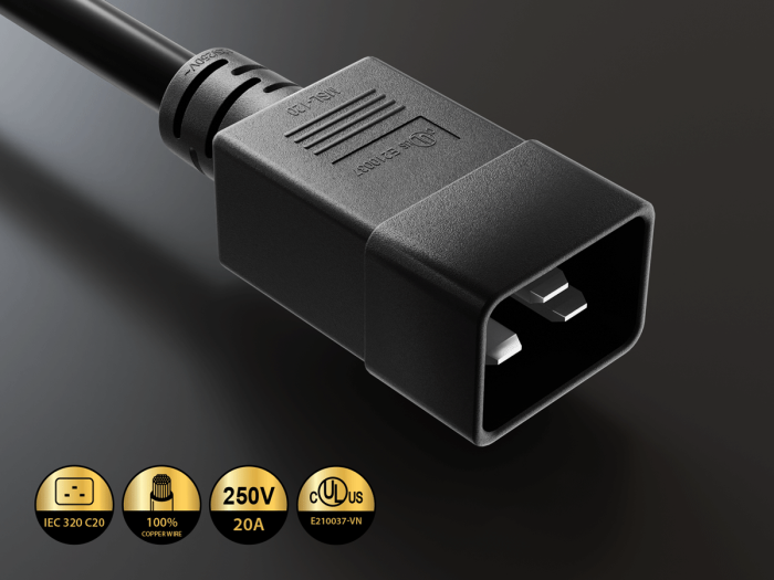 3ft IEC320 C20 to C21 Heavy Duty Power Extension Cord, 12 AWG, 20A/250V, SJT, Black 