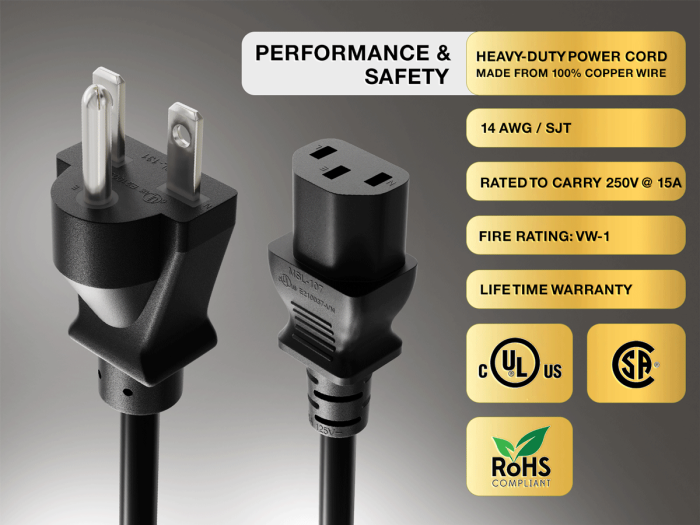 3ft NEMA 6-15P to C13 Heavy Duty Power Cord, 14 AWG, 15A/250V, Black 