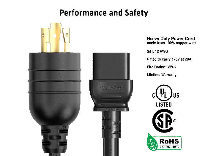 10ft NEMA L5-20P to C19 Heavy Duty Power Cord, 12 AWG, 20A/125V, Black