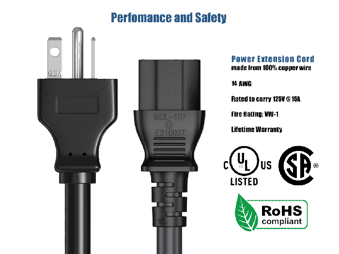 6ft NEMA 5-20P to C13 Heavy Duty Power Cord, 14AWG, 15A/125V, SJT, Black