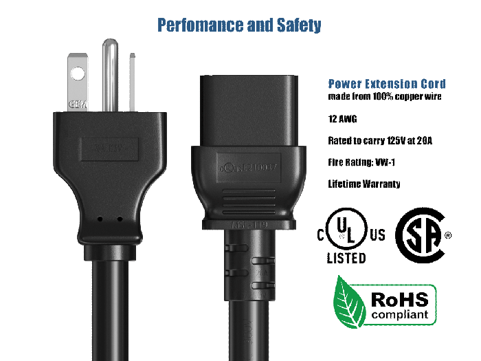 3ft NEMA 5-20P to C19 Heavy Duty Power Cord, 12AWG, 20A/125V, SJT, Black