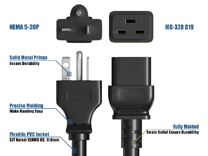 3ft NEMA 5-20P to C19 Heavy Duty Power Cord, 12AWG, 20A/125V, SJT, Black