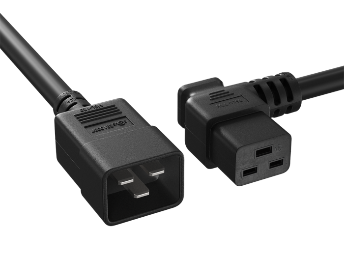 10ft C20 to Left Angle C19 Power Cord 12AWG 20A/250V UL, Black