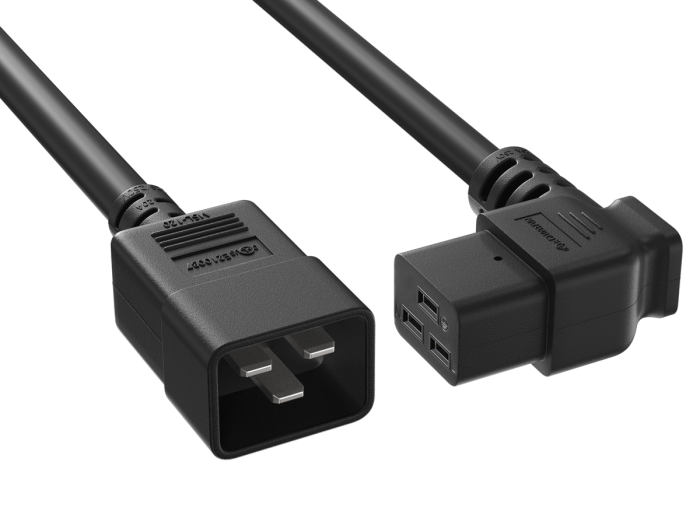 10ft C20 to Right Angle C19 Power Cord 12AWG 20A/250V UL, Black