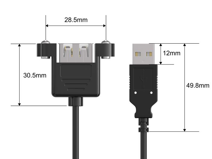 1ft USB 2.0 High Speed Panel-Mount Type A Male to Type A Female Cable, Black