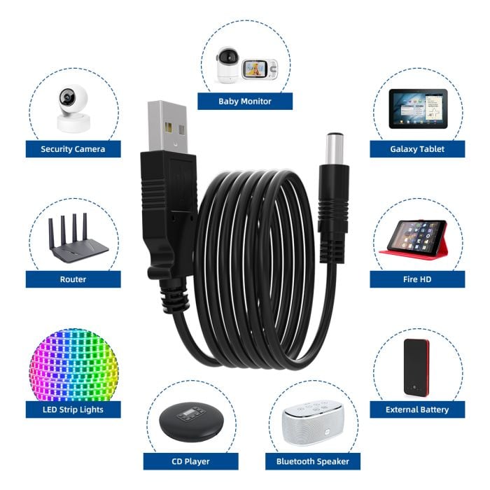 3ft USB 2.0 A Male to DC 5.5mm x 2.1mm Power Cable, 3ft black cable for powering various electronic devices from USB ports.