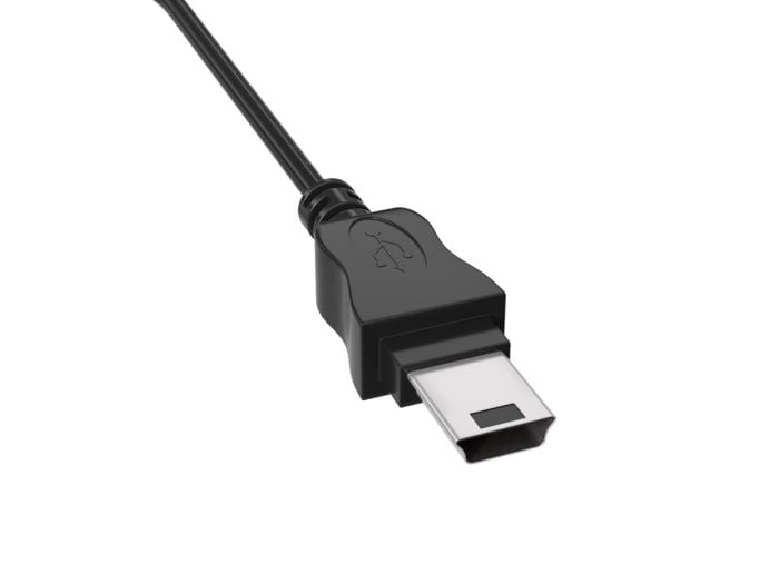 1 ft USB 2.0 Type A Male to Mini 5-Pin Male Cable, black color, double-shielded for 480Mbps data transfer, ideal for digital cameras and small USB devices.