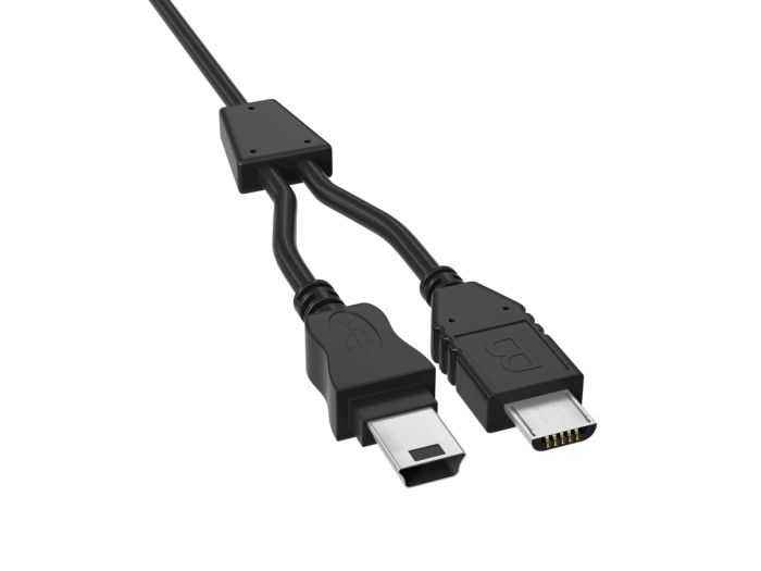 5ft USB 2.0 2-in-1 splitter cable with A Male, Mini 5-Pin Male, and Micro B Male connectors, black color, for simultaneous charging of multiple devices.