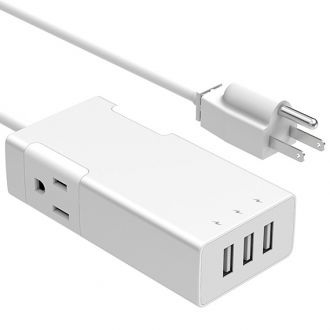 3 Ports USB Charger with 2 AC Outlets Aluminum Power Strip, Travel Charger Station, Silver