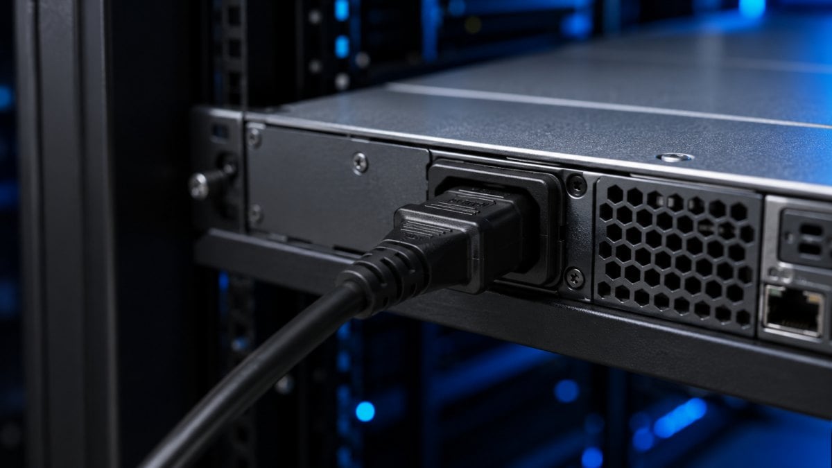 C13 power cord connector plugging into a C14 inlet on a 1U rack server in a data center environment