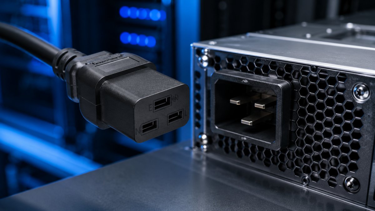 C19 power cord connector next to a C20 inlet on a high-draw rack server, showing the larger connector size compared to standard C13