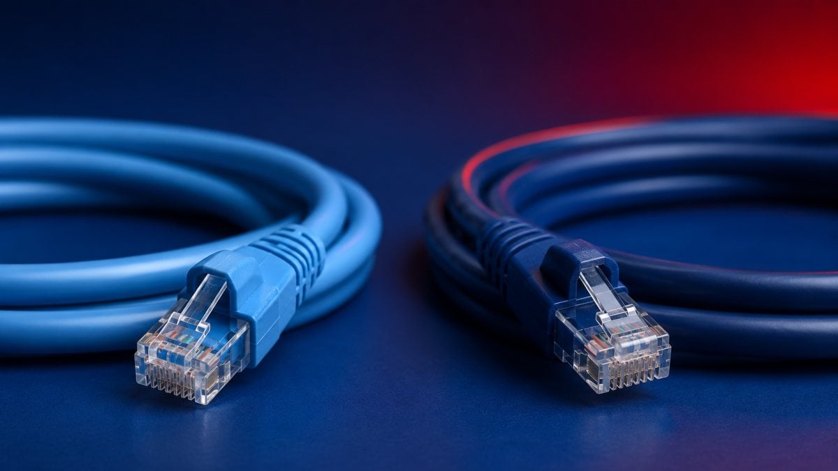 Cat5e and Cat6 Ethernet cables with RJ45 connectors side by side