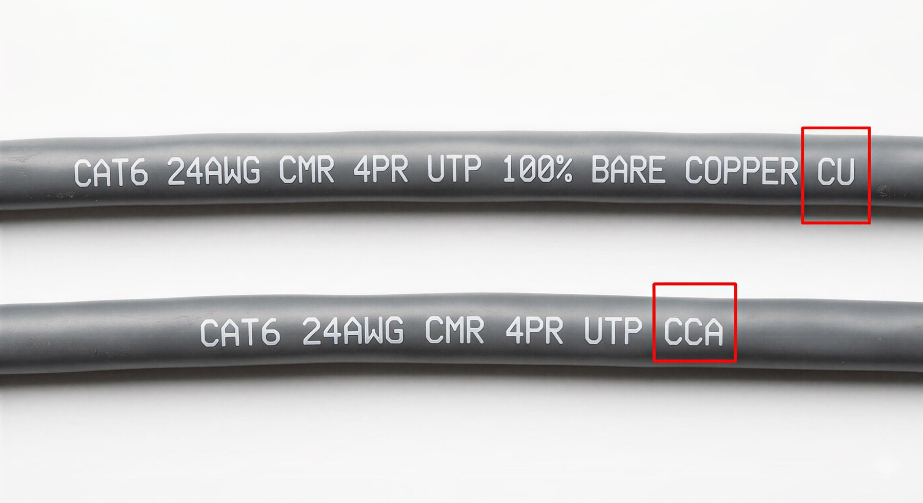 Ethernet cable jacket markings showing CU pure copper and CCA copper-clad aluminum side by side