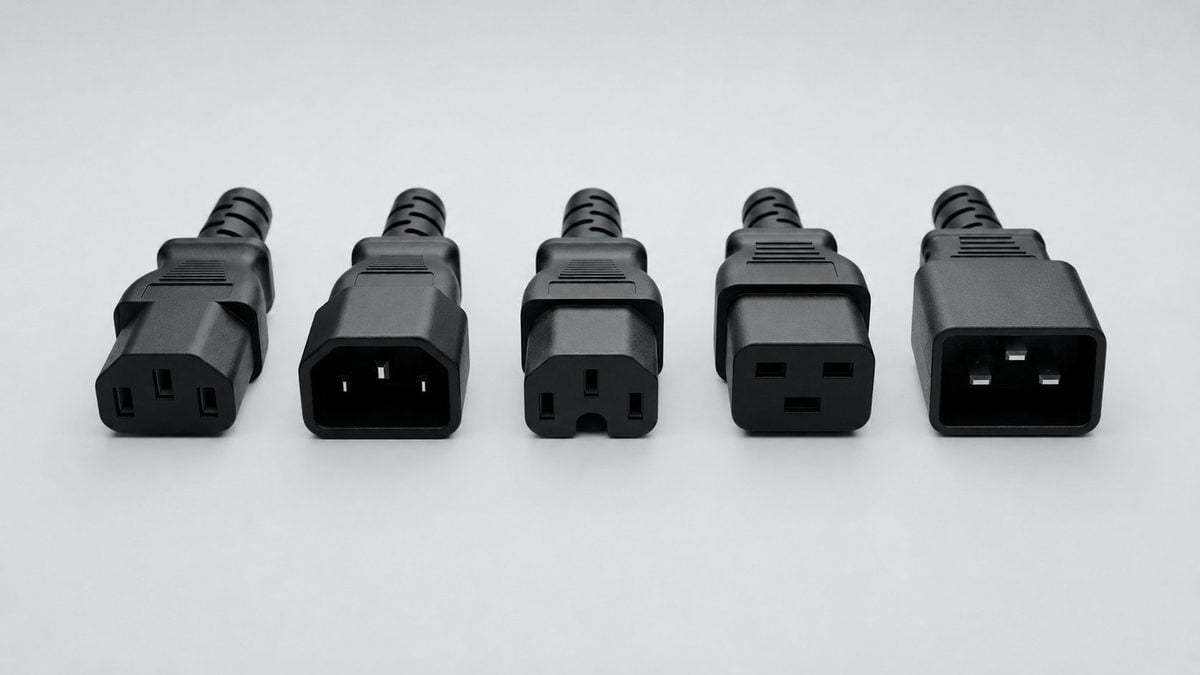 IEC 60320 power connectors C13, C14, C15, C19 and C20 compared side by side