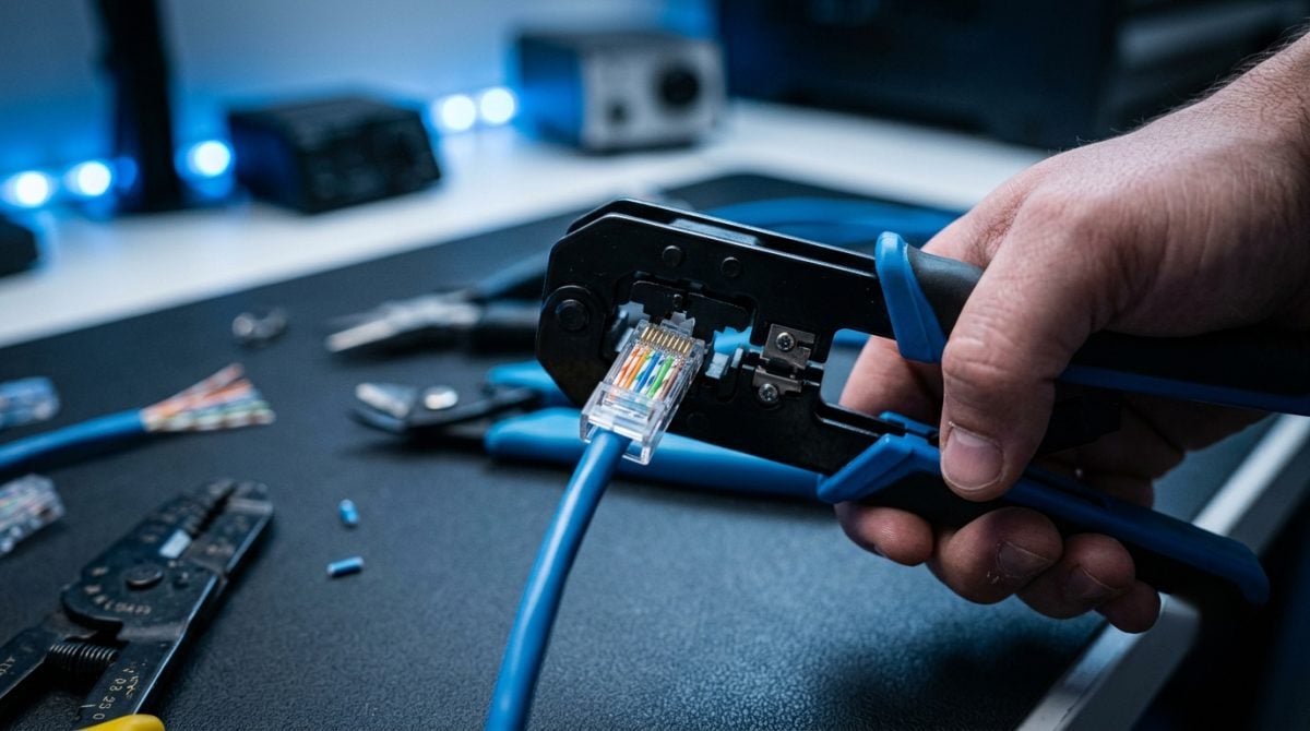 Hands crimping an RJ45 connector onto a twisted-pair Ethernet cable with color-coded wires fanned out