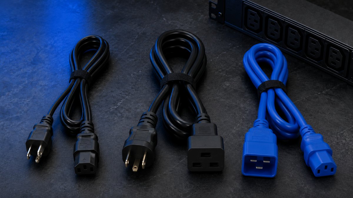 Multiple server power cord types — C13, C19, and locking IEC — laid out on a dark surface beside a rack PDU